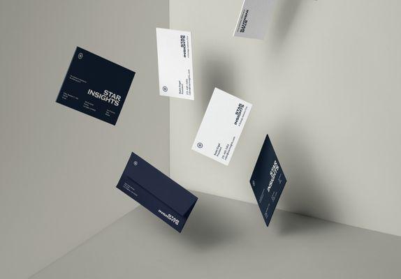 Brand identity for Star Insights: Business cards, envelopes, invitations.