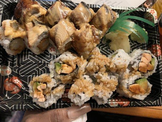 Fire Dragon Roll , grilled Salmon Teriyaki Roll, Chicken Tempura Roll