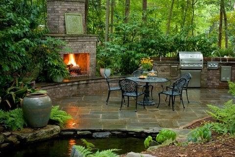 Outdoor Kitchen, Fireplace Koi Pond