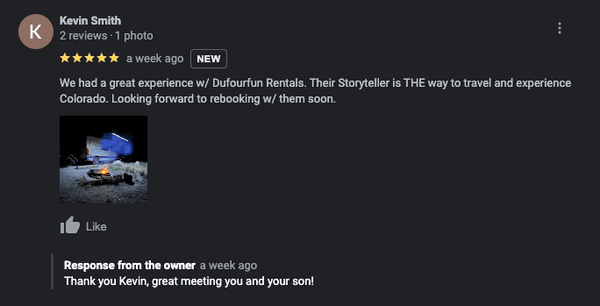 "We had a great experience w/ Dufourfun Rentals. Their Storyteller is THE way to travel and experience Colorado. Looking forward to rebookin