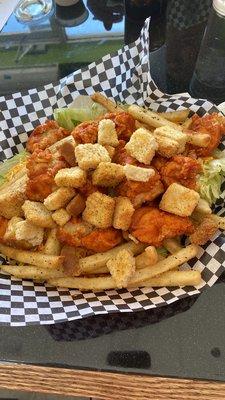 The salad... was amazing.  Hot boneless wings with fries and their house made ranch.