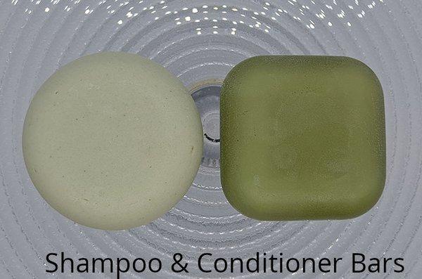 Shampoo & Conditioner bars (Shampoo is the round one), great lather, leaves hair soft and manageable. 4 Varieties