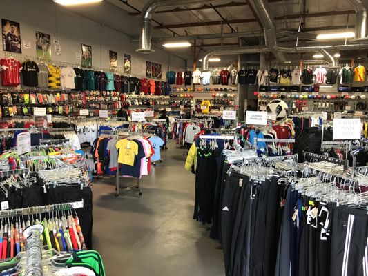 Large selection of soccer clothes.