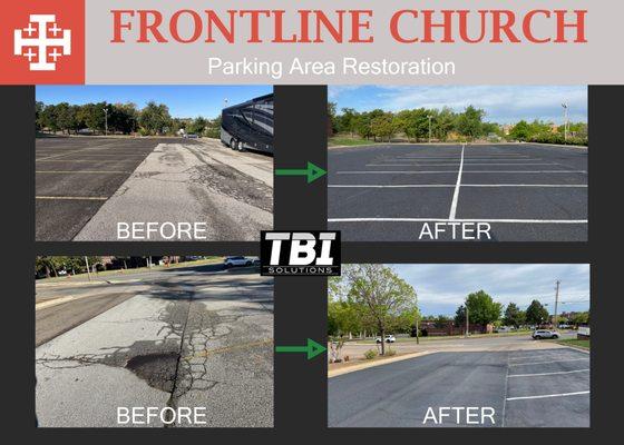 Repairs and fresh coverage Front Line Church Edmond, OK .May 23, 2023.  TBI Colleyville,Texas, 817.416.6934..  Get a new church parking lot.