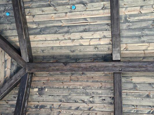 Pine ceiling with faux beams