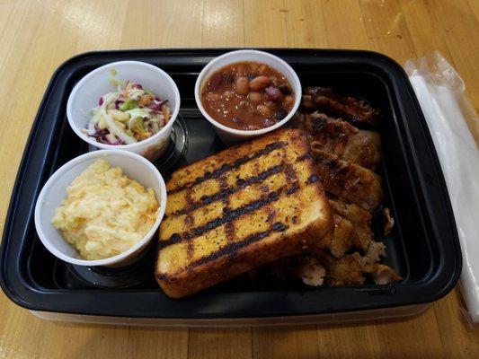 Tender Pork Ribs with 3 sides...Chili Beans, Coleslaw, and Potato Salad