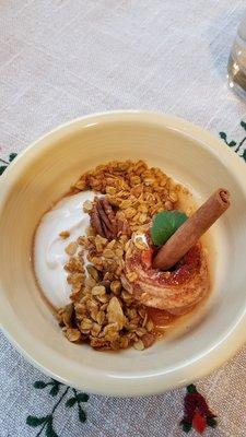 Yogurt, spiral cinnamon apple, and homemade granola.