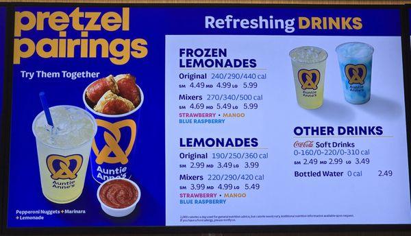 Auntie Anne's menu as of 7/9/2024