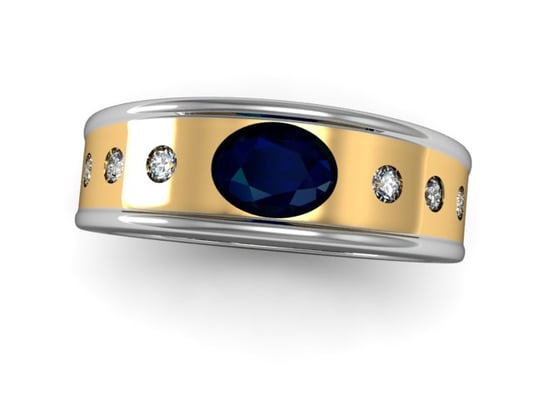 14K yellow white gold with oval sapphire flanked by six diamonds.