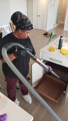 We bring professional tools to deep clean inside custom draws and cupboards