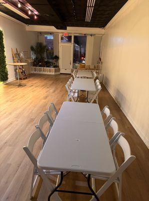 With tables and chairs. We can accommodate seating for 25