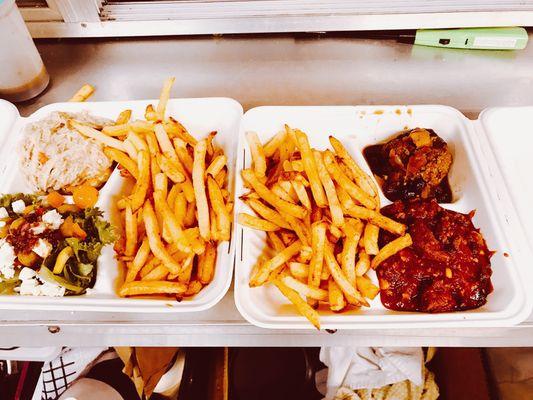 Chili, meatball, Greek salad and creamy chicken combo