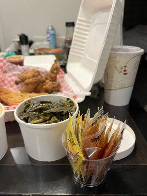 Triple Dip Fried Haddock, Chicken Wings, Collards, Southern Sweet Tea