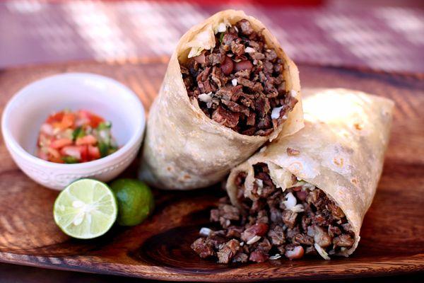 Our burritos come in beef or chicken.