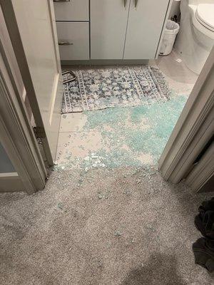 A full size shower door shattered to pieces as my daughter opened the door to take a shower.  Serious injuries could of happened!