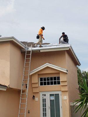 Some of workers evaluating this roof