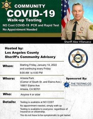 Still unable to obtain a home test nor find a site?  LA County Sherriff is hosting FREE COVID-19 testing every Friday at Artesia Park.