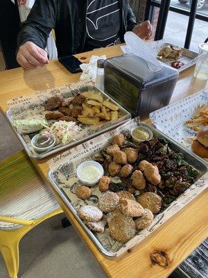 Fried tofu nuggies, quickles, mushrooms, qnd brussels.