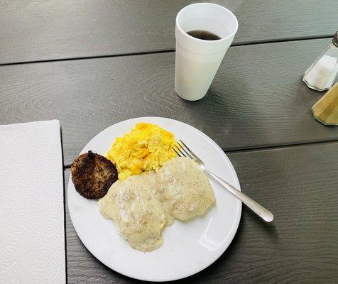 Biscuits and gravy, egg and sausage.