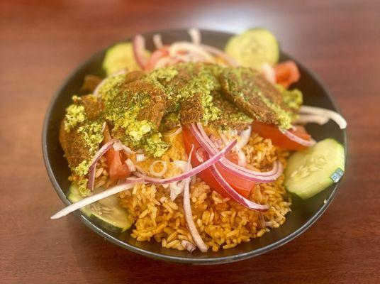 Rice bowl with falafel... hummus instead of white sauce & tzatziki