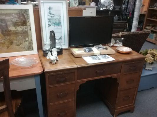 antique typewriter desk, top opens and shelf slides up to hold typewriter/computer really nice shape