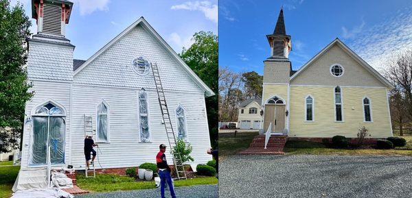 Replaced some rotten wooden siding with new wood. Entire exterior primed and painted