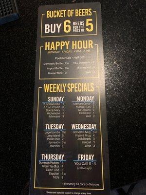 Happy hour 4-7 and daily drink specials!