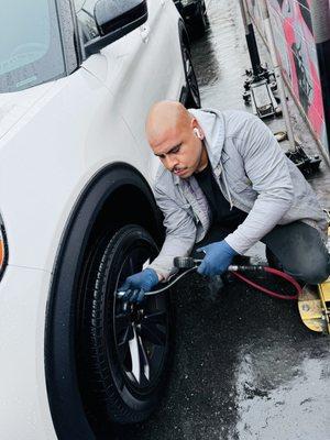 Andrew checking all the tires