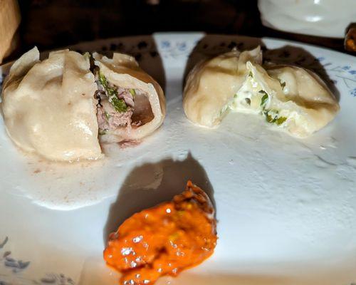 Inside the Beef Momos & Cheese Momos; plus their hot sauce