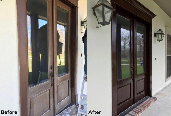 Exterior door staining, before & after