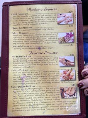 Mani and pedi menu