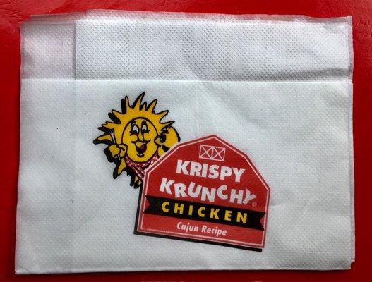 The Krispy Krunchy Chicken napkin. I ate the chicken and biscuit too fast to take a photo of those. Next visit.