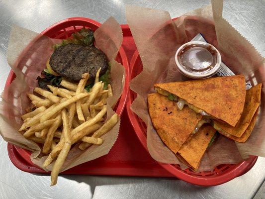 Burger (GF no bun) and Quesadillas...