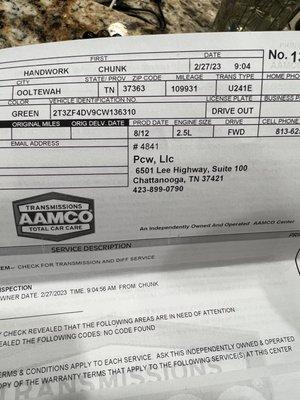 Aamco invoice showing work I paid for with date and mileage on 2/27/23 with 109,931 miles