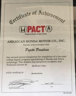 Owner and main mechanic, Pete's certification!