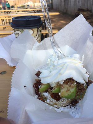 Waffle, lemon poached apples, pecans, brown sugar, and cream