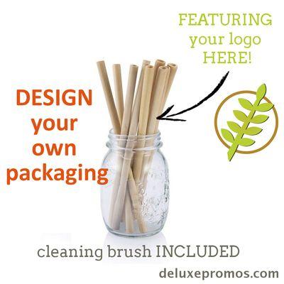 Custom logo'd reusable biodegradable bamboo drinking straws for business promotion. Promote sustainably at deluxepromos.com.