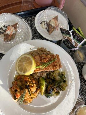 Delicious Herb crusted Salmon, sautéed mixed veggies, sautéed Brussels sprouts, carrot cake and green tea.