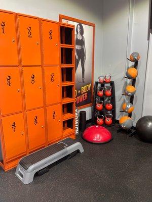 Locker rentals available, Bosu balance balls, kettle bells and weighted balls for additional core support and burn out.