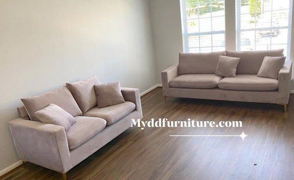 Designer sofa and loveseat  Velvet powder pink and seven other colors comes with full sets of Gold and Silver Legs