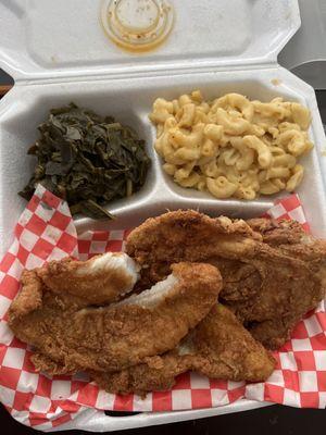 Catfish, chicken thigh, with collard greens and Mac n cheese.