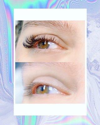 Before and after lash extensions. I borrowed this photo of my eye from the Lash Nirvana Facebook page.