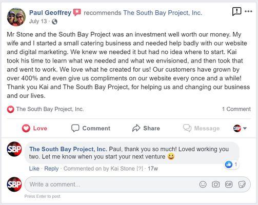 A wonderful review from Paul and Katlyn Ligman regarding their catering business.
 www.southbayproject.org/services/start-up-services