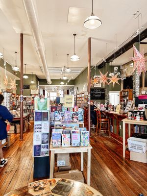 Once inside the shelves are stacked with new and used books. There's even a coffee/wine bar.