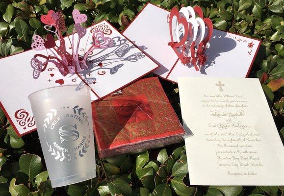 February is the month of Love!!  Lovepop cards, Wedding Invitations, personalized cups and party napkins