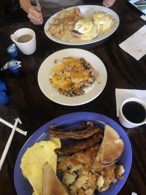 Super breakfast, stuffed biscuits and gravy, eggs Benedict.