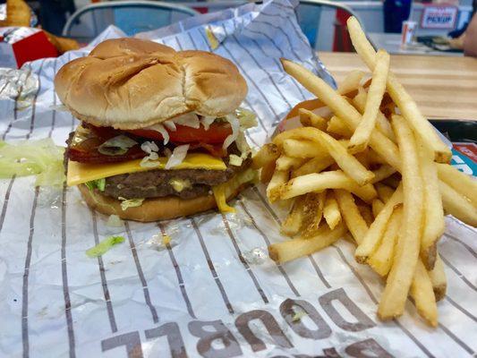 Double bacon cheeseburger and fries.