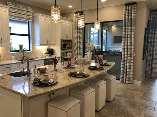 Kitchen drapery, stools and lighting