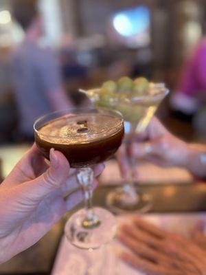 Espresso martini and a dirty martini with bleu cheese olives