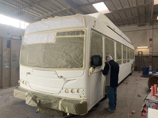 Transit bus just about ready for a fresh coat of paint.